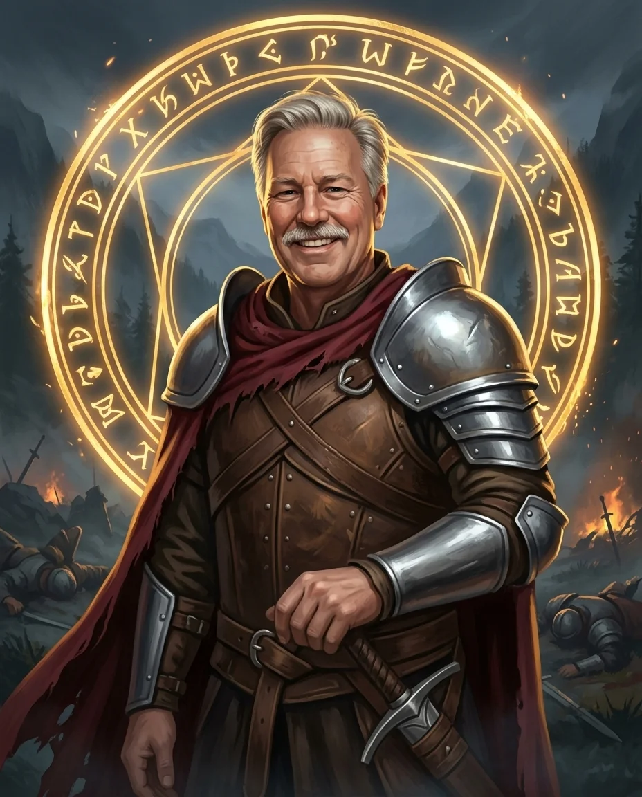 Albie as a warrior in leather breastplate with metal shoulder plate before a glowing golden ring