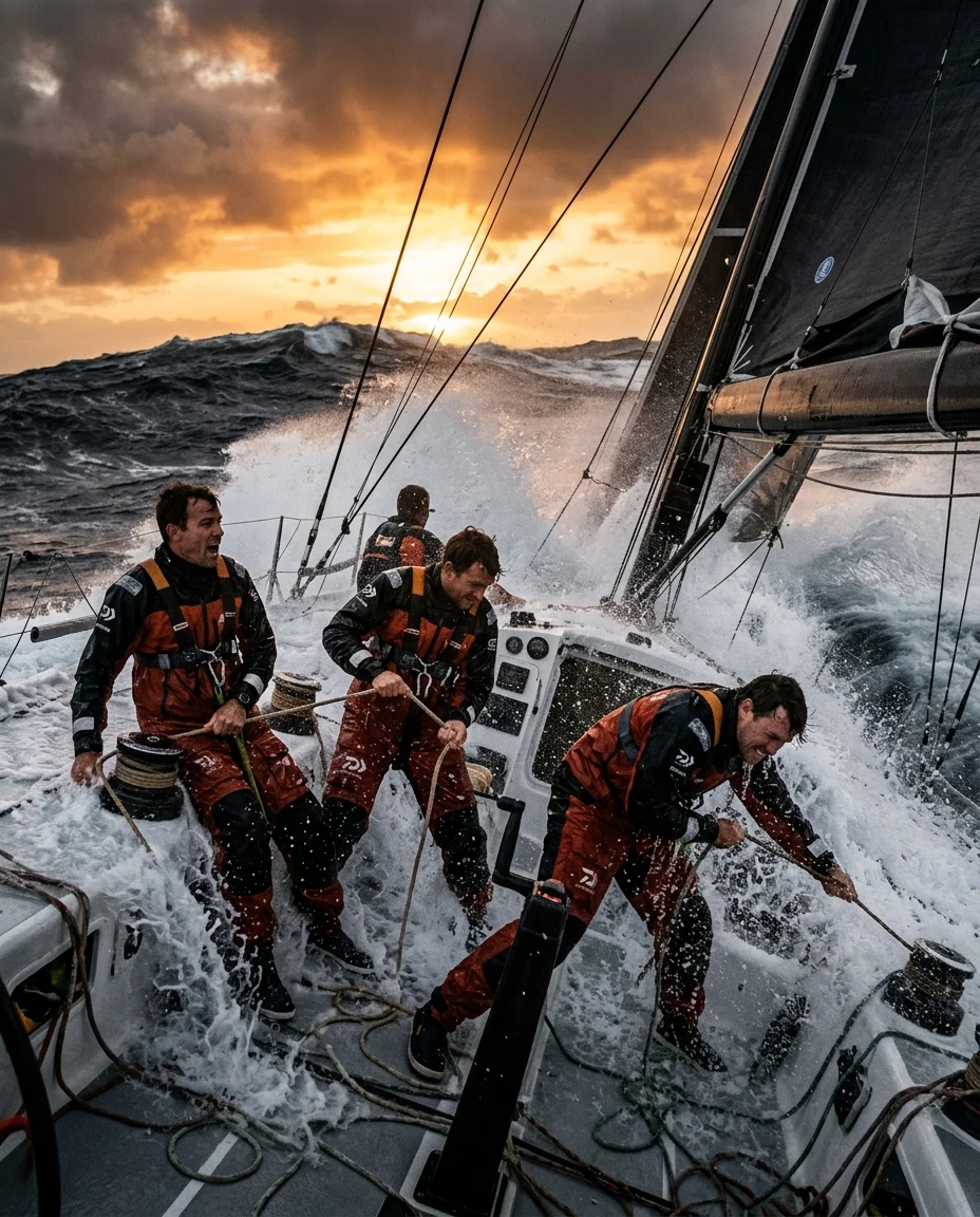 A sailing crew battling through big crashing waves as white water sheets over the deck