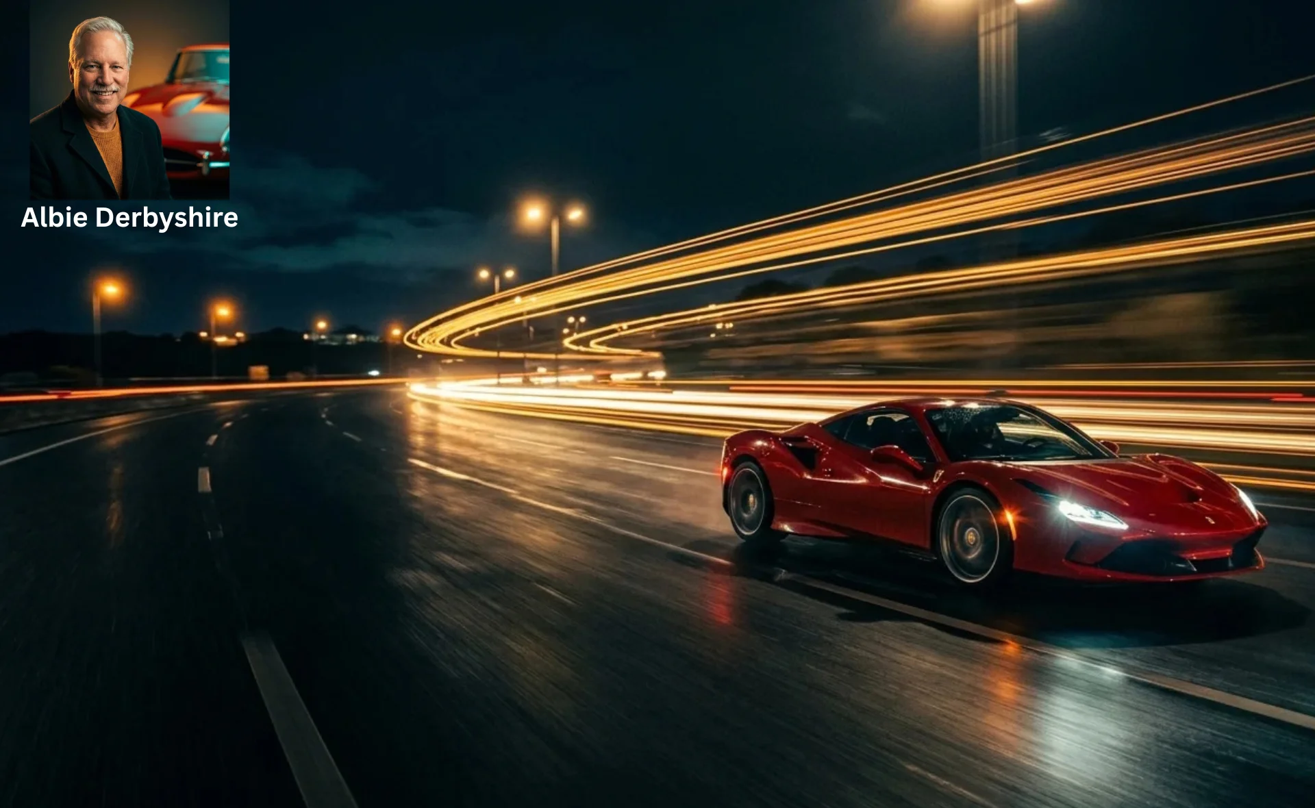 Albie Derbyshire and a fast red car streaking through the night with golden light trails